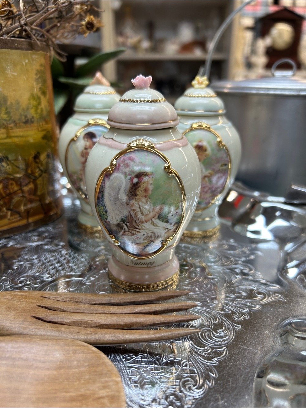 Vintage Porcelain Nutmeg Spice Decorative Victorian Angel Jar